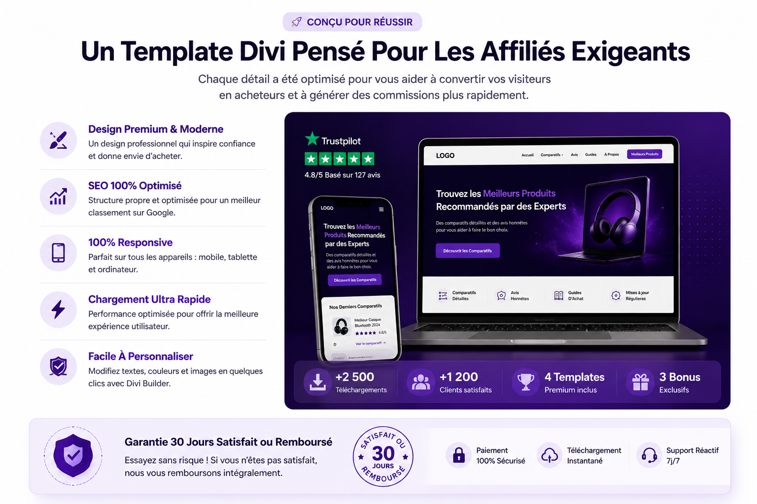 Template Divi affiliation Amazon premium avec page d'accueil SEO, comparatifs produits et design responsive 2026