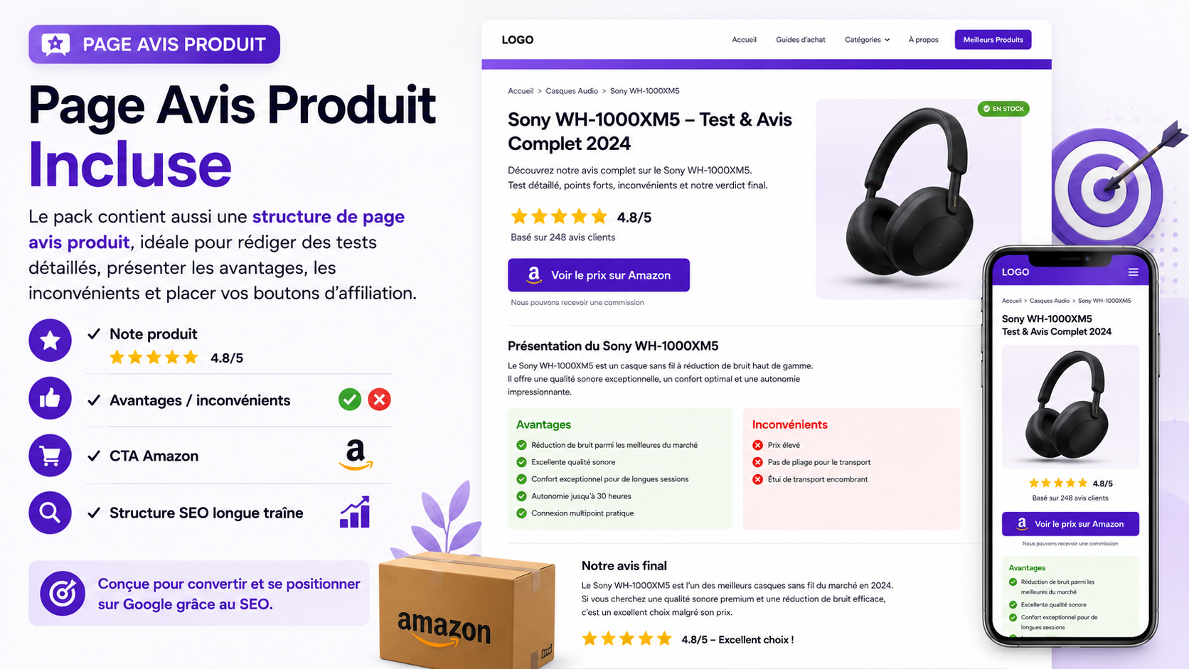 Exemple de page avis produit Amazon réalisée avec un template Divi premium optimisé SEO